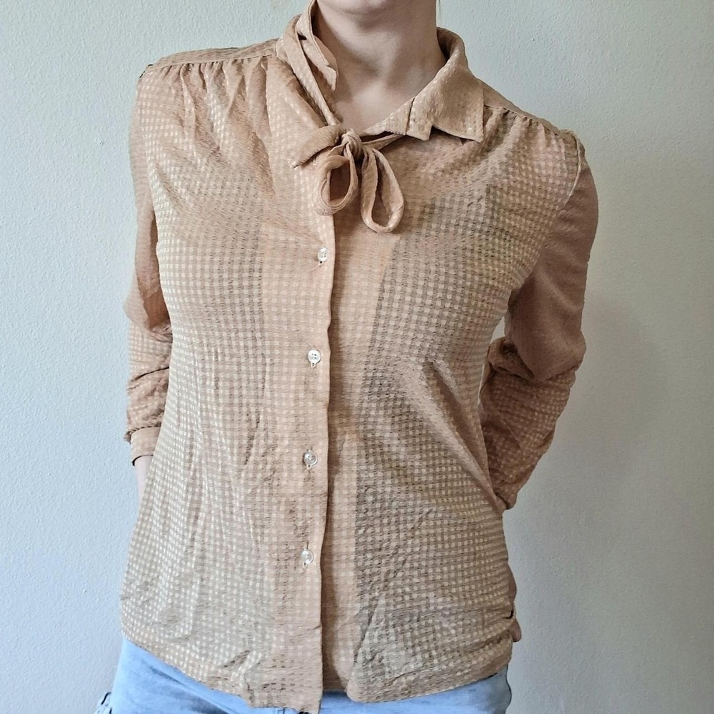 Vintage 70s Peach Tan Sheer Grid Pussybow Blouse S M